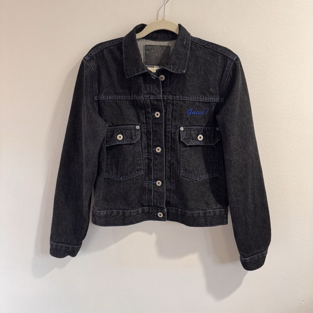 Vintage 80s 90s Guess Trucker Jean Denim Jacket XL Black Blue Logo USA Made